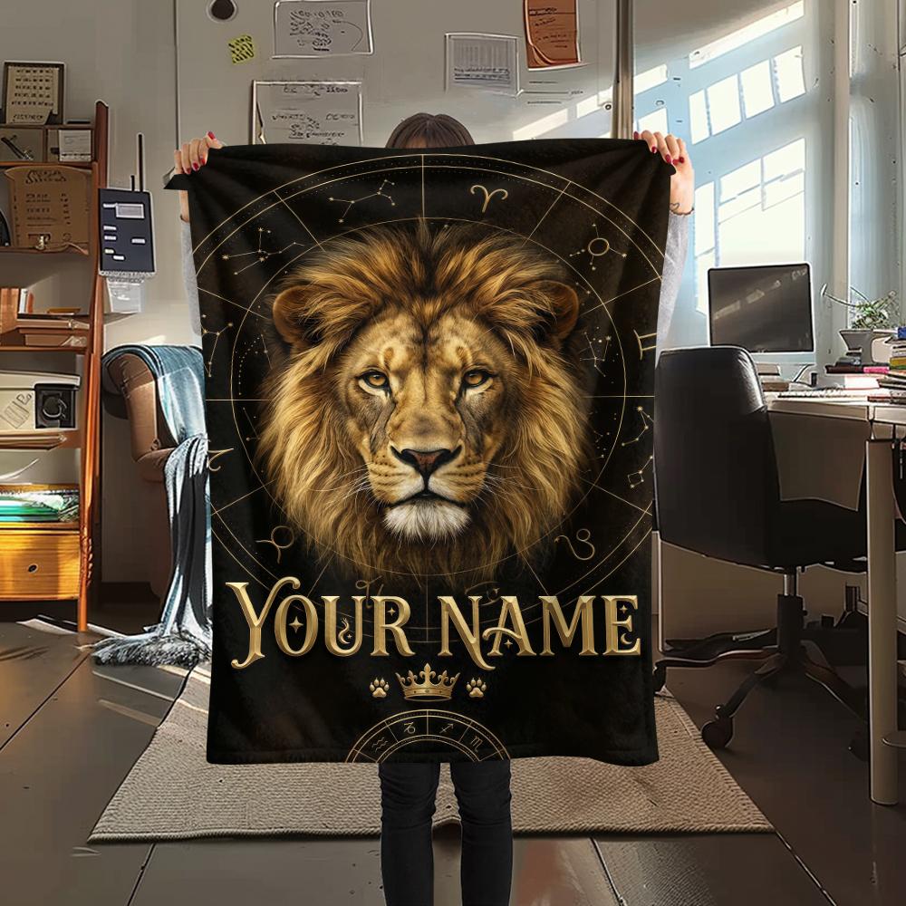 1PC Custom Name Royal Lion Majesty Patterned Flannel Blanket Suitable For All Seasons for Home Decor Warmth and Comfort Gifts Holiday Present_lx