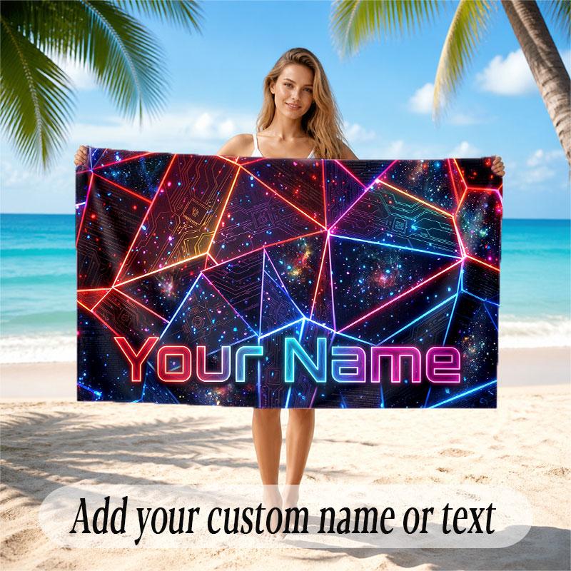Abstract Geometric Theme Soft Beach Towel Personalized Custom Name Text Towel Portable for Beach Pool Travel