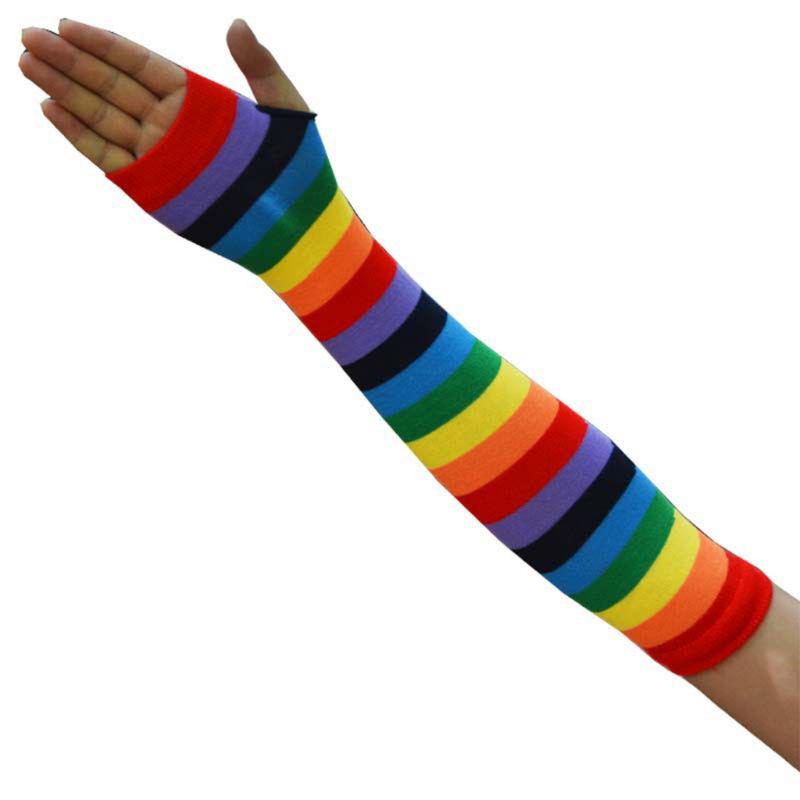 Guanti da donna senza dita al ginocchio a righe arcobaleno Guanti da donna senza dita al ginocchio a righe arcobaleno