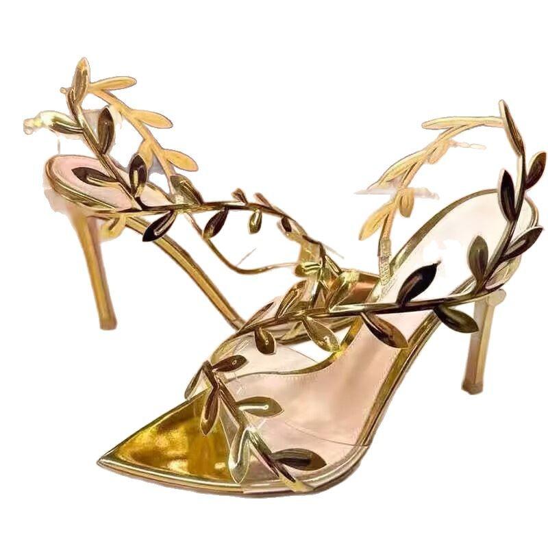 Women's Summer Golden Leaf-Embellished Heels Stiletto Pointed Toe Open Toe Dress Sandals