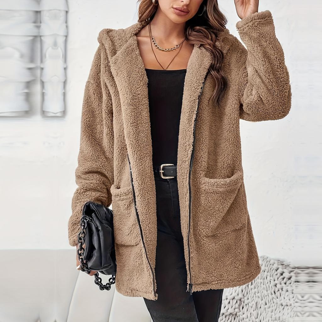 Women's Winter Plush Hooded Jacket Casual Zip-Up Coat With Pockets Soft Fleece  For Fall Winter Winter Jacket