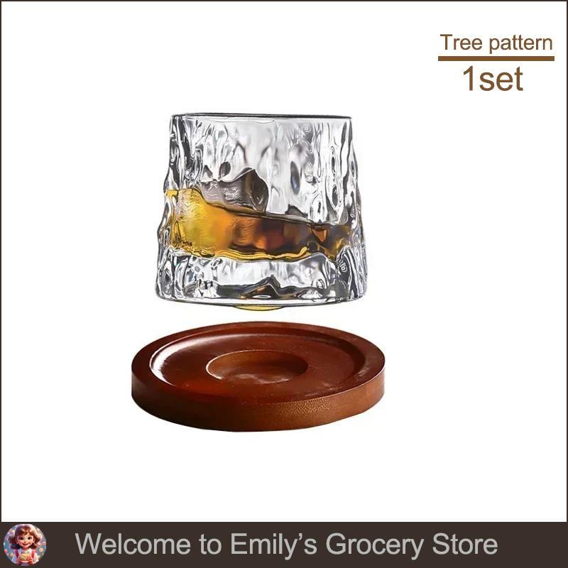Rotatable Whiskey Glass with Wooden Base Suitable Creative Novel Bar Supplies Vintage Wine Glass for Brandy Scotch Bourbon 160ml