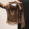 Brown Polka Dot Sheer Long-sleeve Blouse Women's Chiffon Top Elegant Casual Fashion