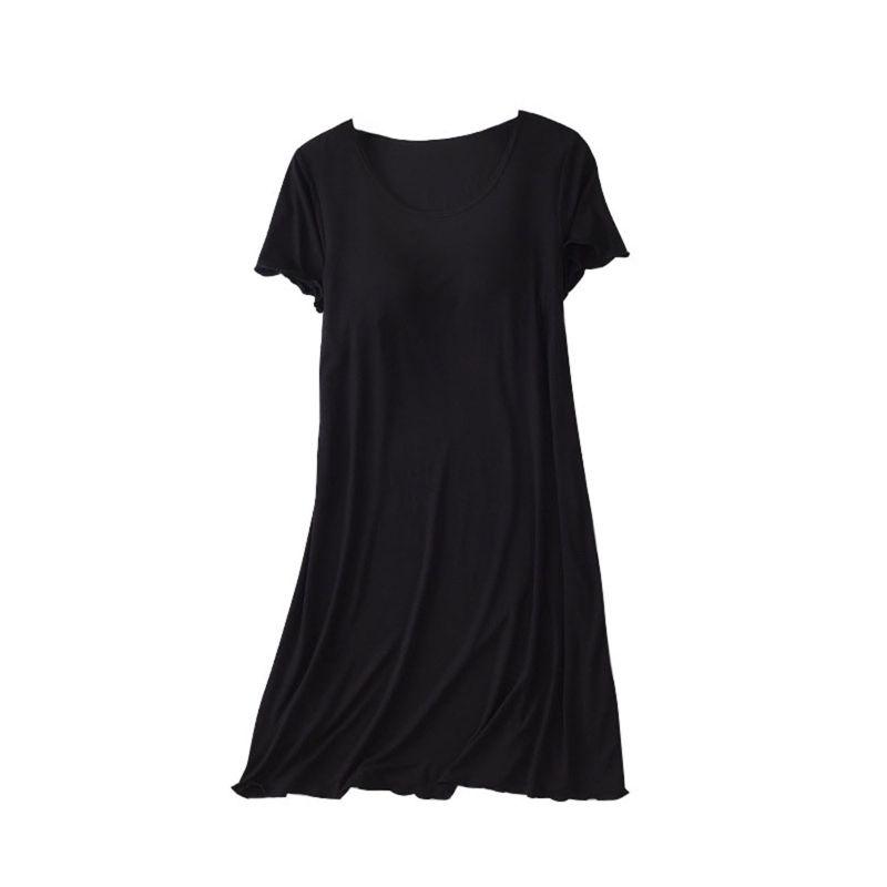 Women Casual Short Sleeve Nightgown Solid Color Pajama Dress with Bra Pad