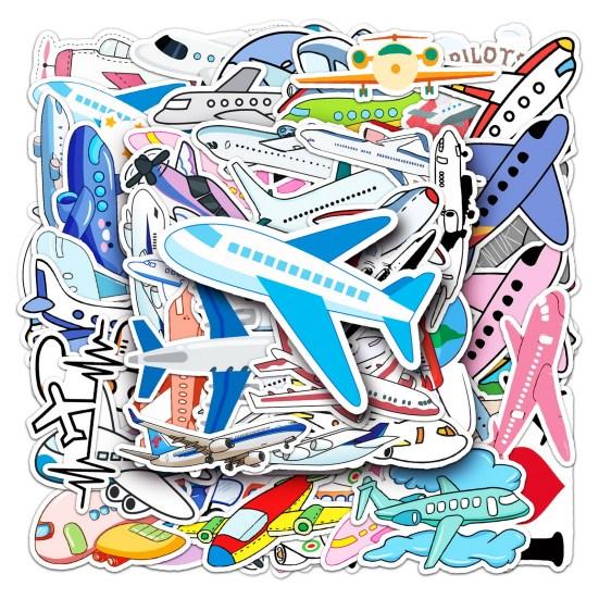 50Pcs Cartoon Sticker Waterproof Reusable DIY Self-Adhesive Aircraft Pattern Phone Case Luggage Sticker Kids Gift