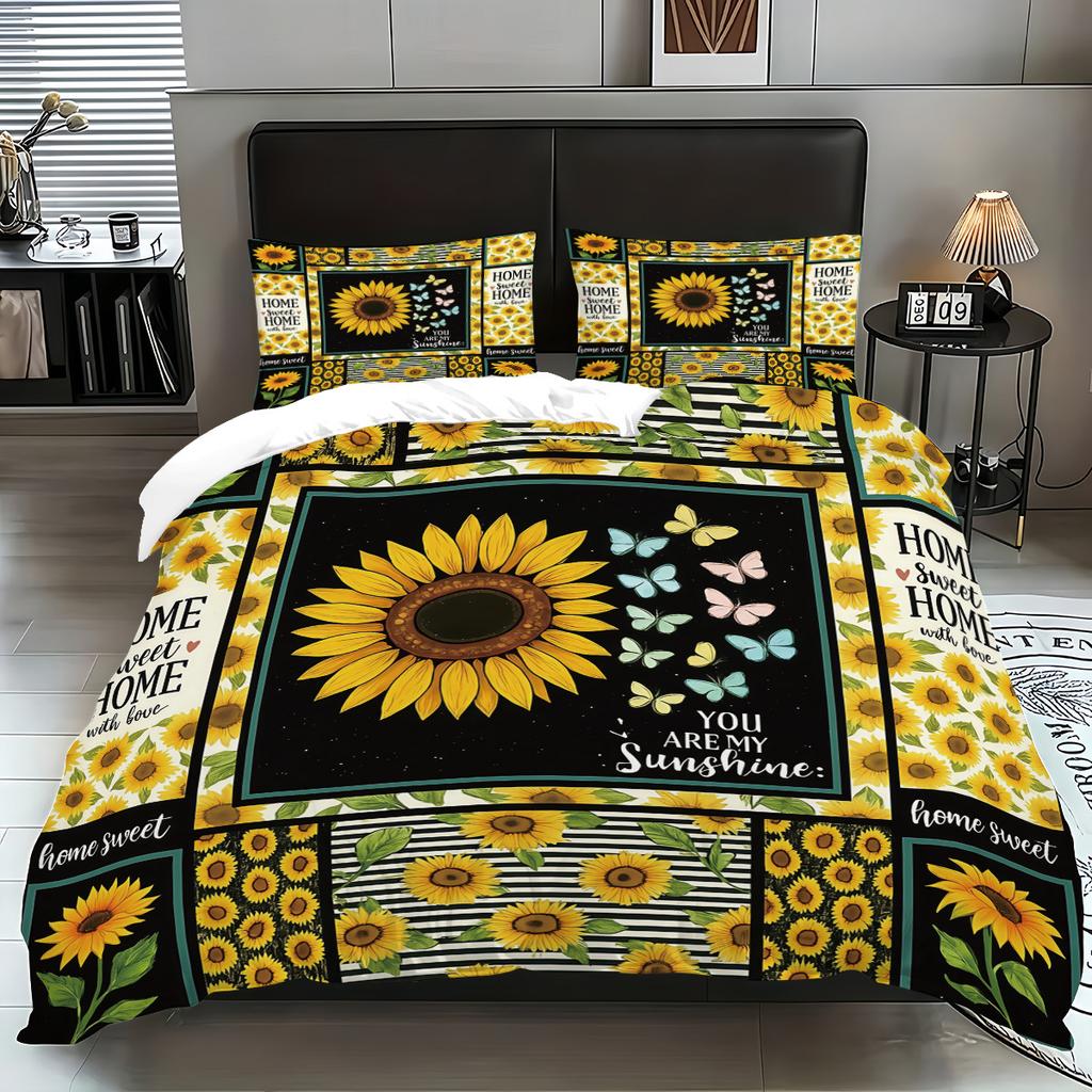 Dreiteilige Sonnenblumen-Bettwäsche mit Sandfinish, Blumendeckenbezug, Digitaldruck-Bettwäscheset