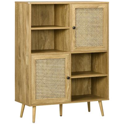Sideboard Förvaringsskåp Hög Enhet Träutseende och Rottingdesign 2 Dörrar - Dim. 90L x 32,5B x 120H cm