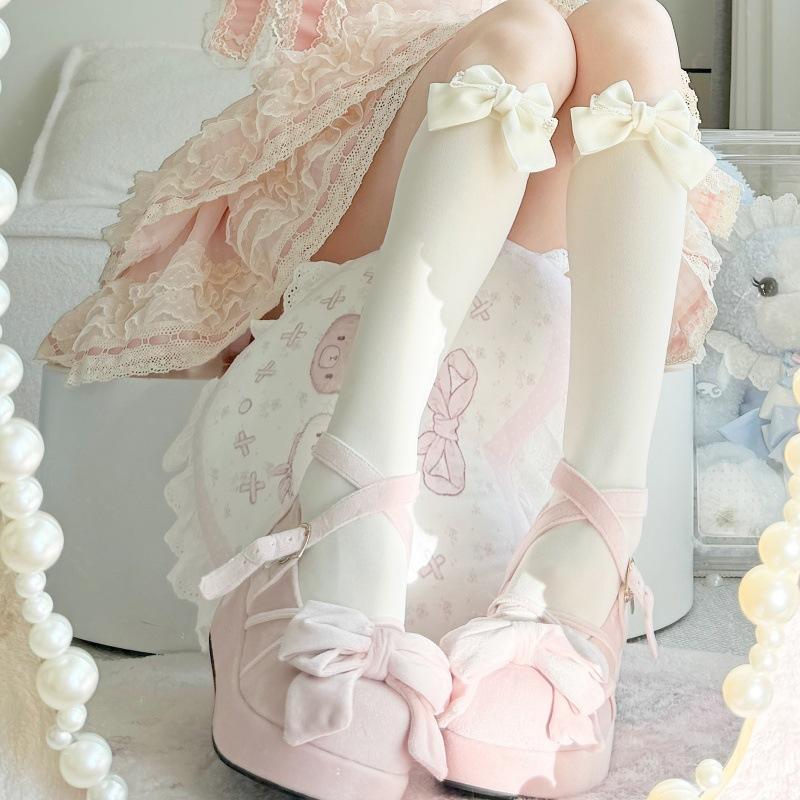 Spring Ladies Bow Lolita Calf Socks Pearl Butterfly Lace Butterfly Ballet one size бежевый