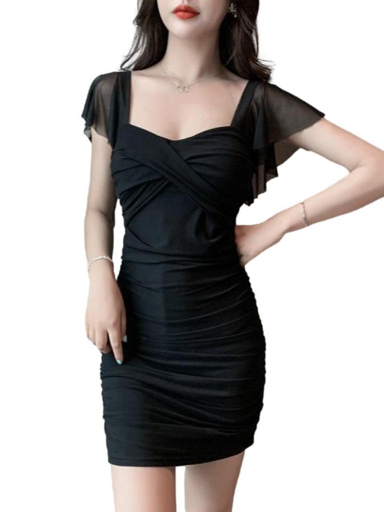 ISLAYCAOLILA E70 Luna Dress Cabaret Mini Club Party Tight Mini Flare Gathered Women's (XL, Black) - Dress, Dress, Dress, Dress, Dress, See-through,