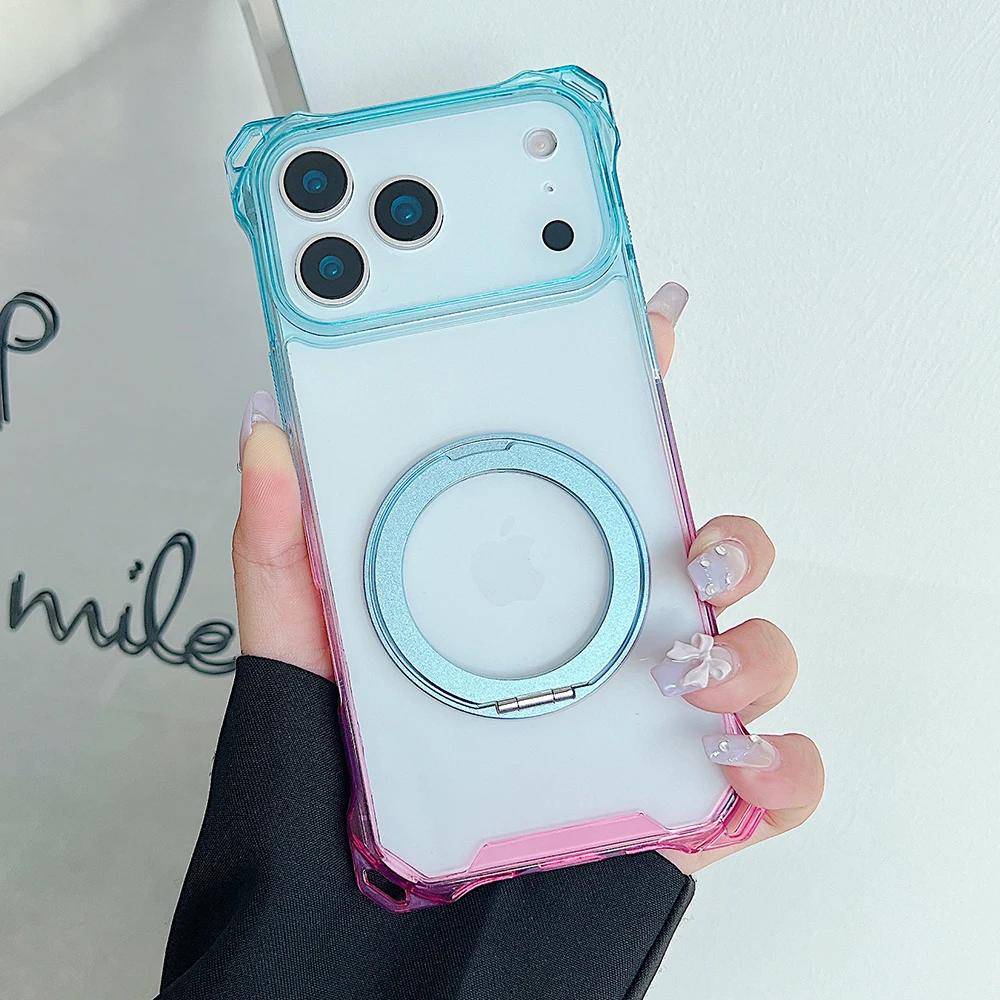 Fashion Gradient Airbags Clear Armor Case for IPhone 17Air 16 15 14 Plus 13 12 Pro Max Shockproof Metal Ring Stand Protect Cover