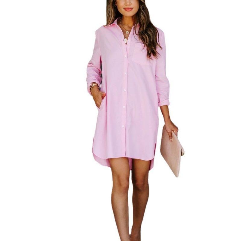 

Весна-Осень Свободное Повседневное Женское Длинное Платье-Рубашка Новое Плюс Размер Элегантная Блузка Офис Длинный Рукав Простые Топы Карман Однотонная Одежда 2878 XL розовый