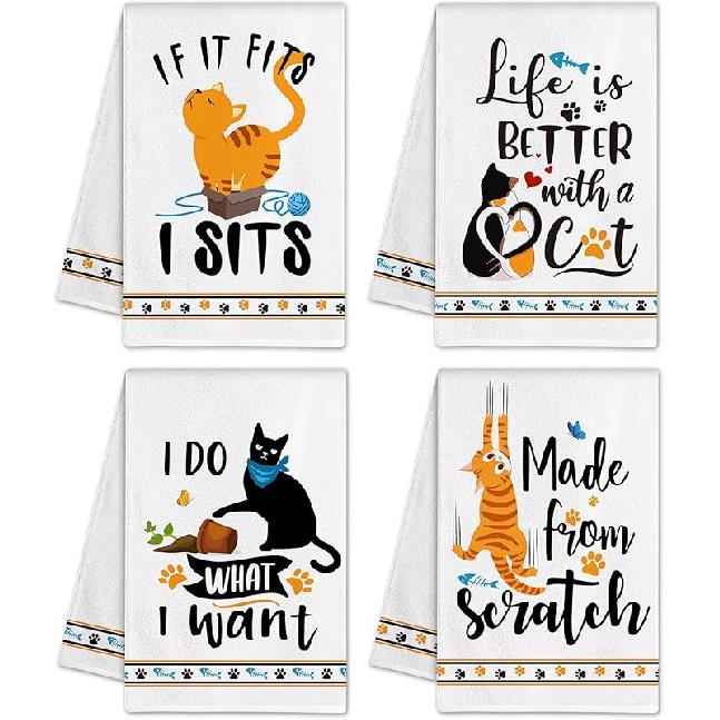 pinata Cat Lover Gifts for Women, Cat Kitchen Towels Set of 4, Cute Funny Housewarming Dish Hand Towels for Home Kitchen Decor 16X23.5