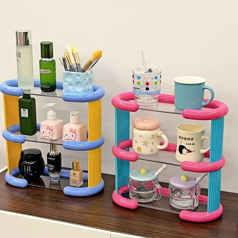 Desktop Colorful Storage Rack Organizer Kawaii Multi-layer Cup Mug Rack Storage Shelf Table Decor Cosmetic Bathroom Organizing