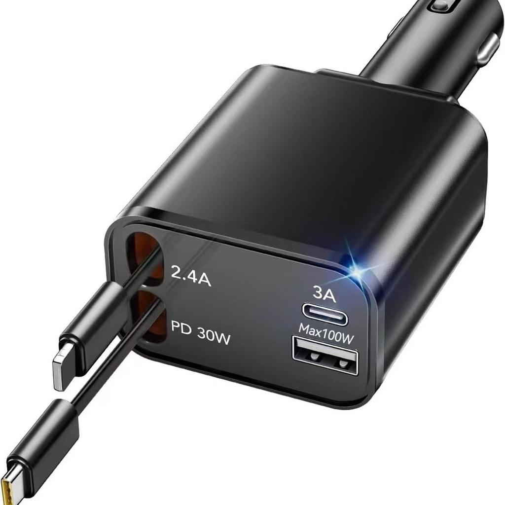 Retractable Car Charger Super Fast Charge Metal Lighter 4 In 1 Car Charger