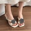 Flower High Heels Slippers Women Sandals Crystal Square Toe Shoes Summer 2025 Trend Dress Chunky Elegant Open Toe Pumps Mujer