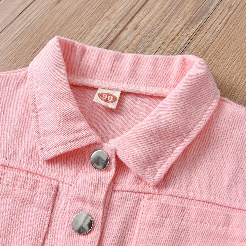 Girls' Pink Denim Short-Sleeve Jumpsuit with Turn-Down Collar