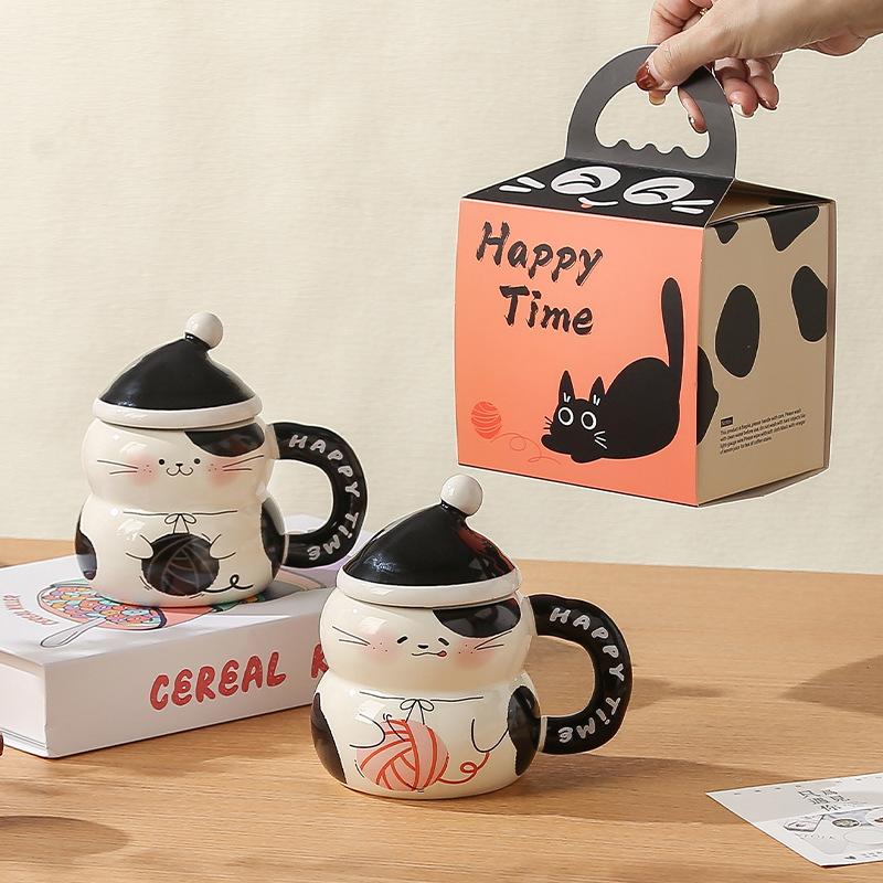 Cat Cup Ceramic High Looking Mug with Lid Breakfast Coffee Cup Creative Water Cup for Girls Birthday Gift