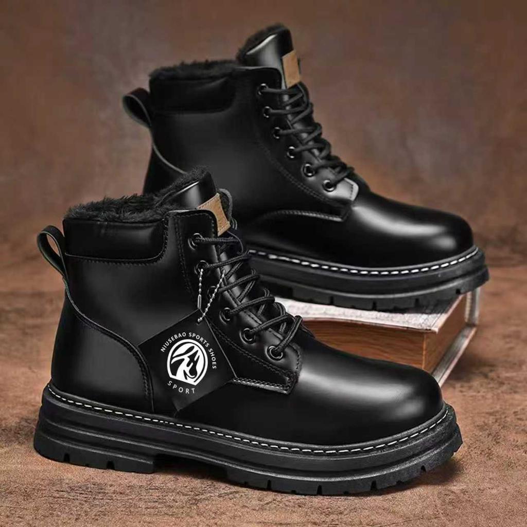 Men Fleece Lined Thickened Mid Calf Martin Boots Retro British Style Outdoor Work Boots
