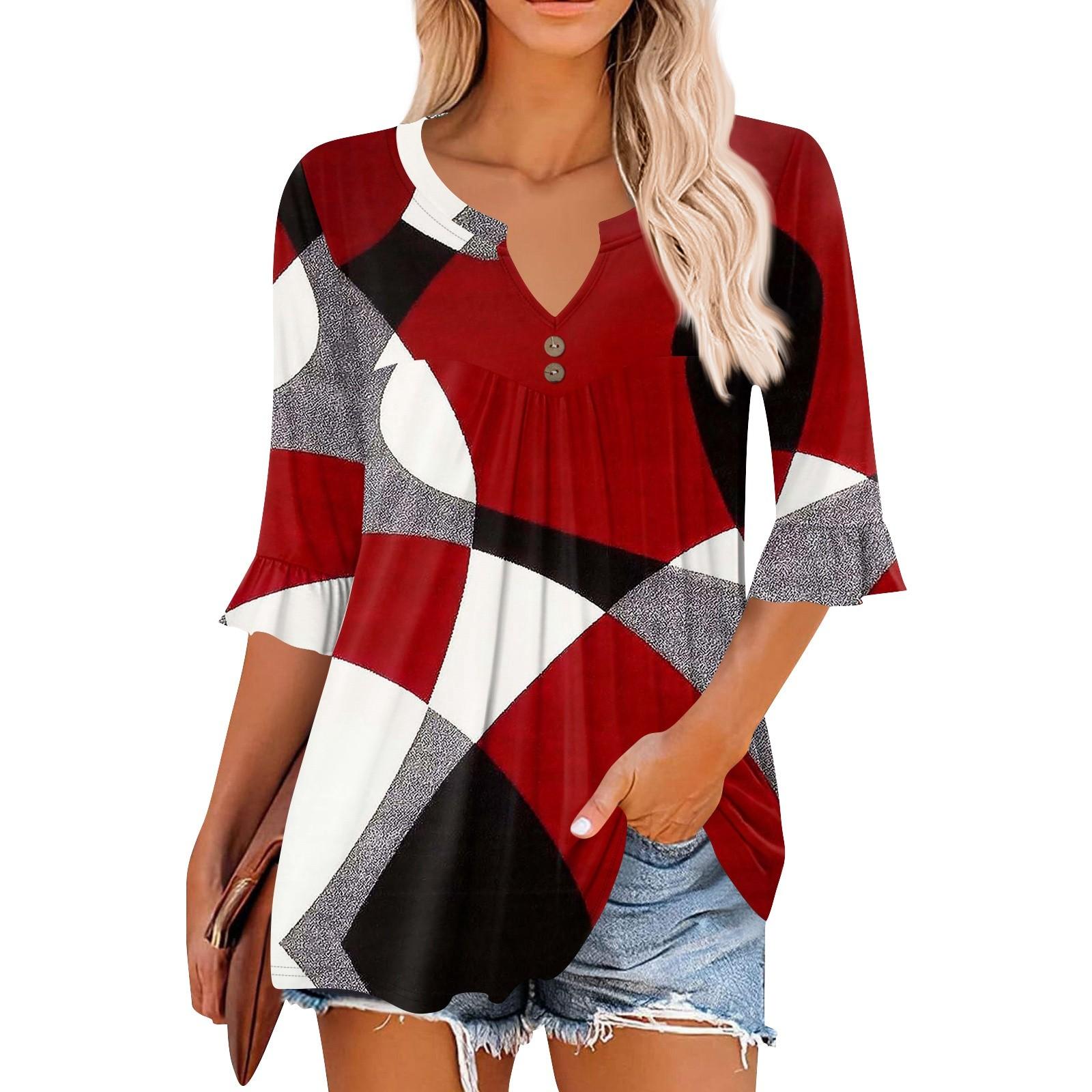 

3/4 рукава топы для женщин повседневные оборки V-образный вырез футболки рабочие блузки нарядные туники топы XL красный