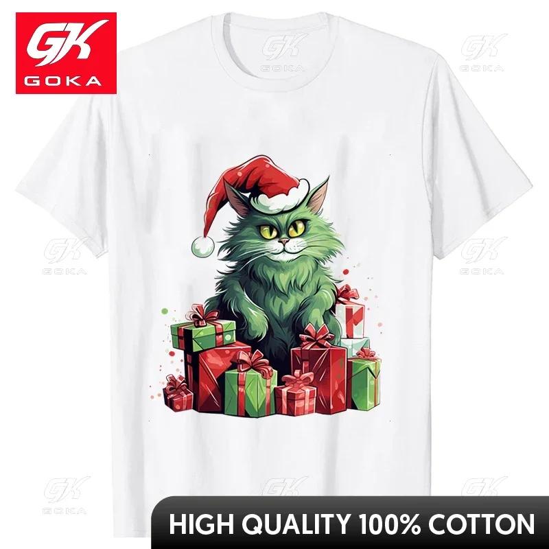 New Year Short Sleeve Tshirt Cute Cat Print Tops Fashion Xmas Unisex Tees Shirt Trend Graphic Christmas Male Oversized Clothing