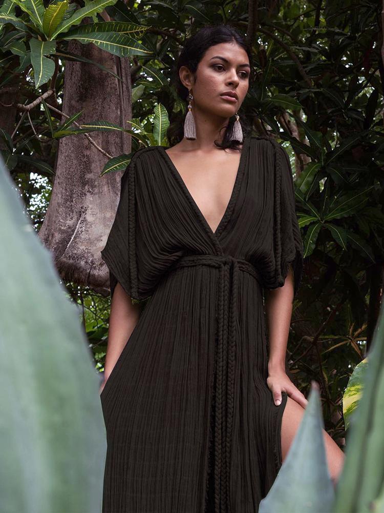 EDOLYNSA Femmes élégantes Célébrité Tempérament Sexy V Profond Tricot Corde Tressée Fête D'été Maxi Robe Tunique Beachwear Maillot De Bain Cover Up A2848