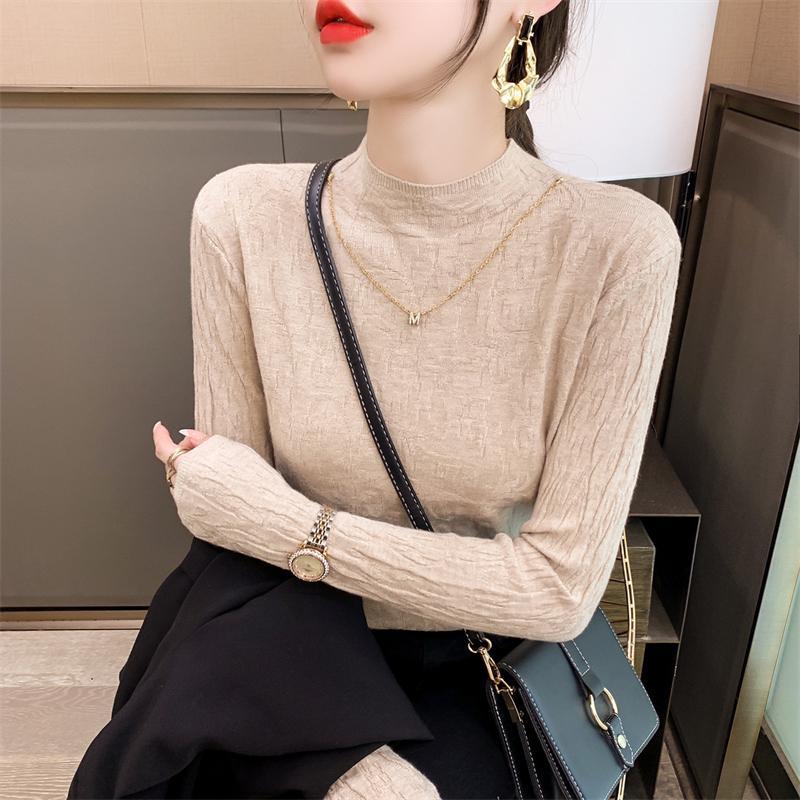 Halbhoher Kragen, strukturiertes Basishemd, mittelhoher Halsausschnitt, faltiges Oberteil, langärmeliger Pullover für den Frühherbst