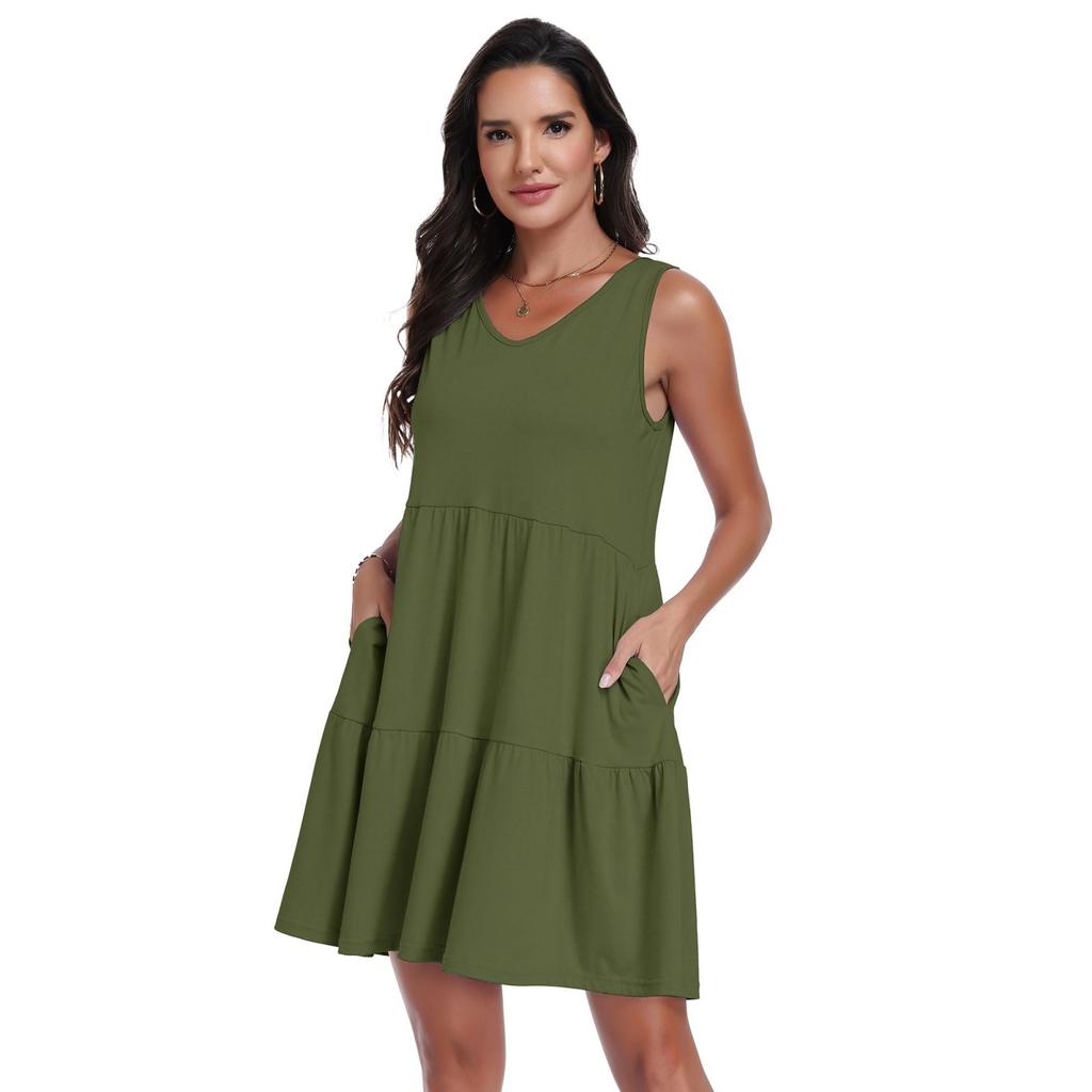 Sleeveless V Neck Tiered Casual Dress for Women Loose Fit Lightweight Summer Dress with Pockets Comfortable Design