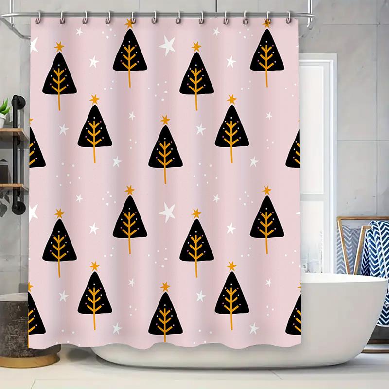 

Festive Christmas Tree Shower Curtain Decorative Fabric Bathroom Hanging Bath Mat Pink With Gold Stars Lights Xmas Home Decorati W60H190(CM)-1 Pcs