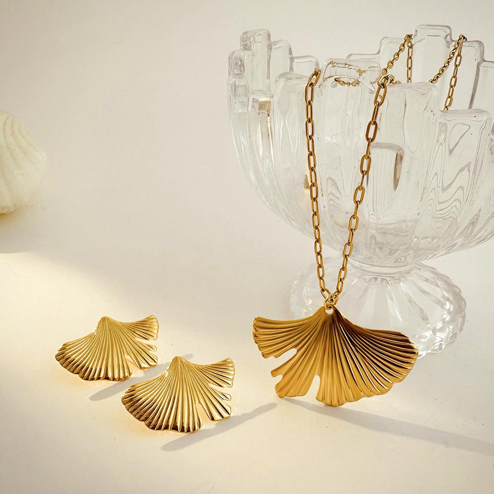

Fashion Ginkgo Leaf Earring Neckalce Set for Women Gold Plated Irregular Leaves Stainless Steel Earrings New Trend Zircon Gifts