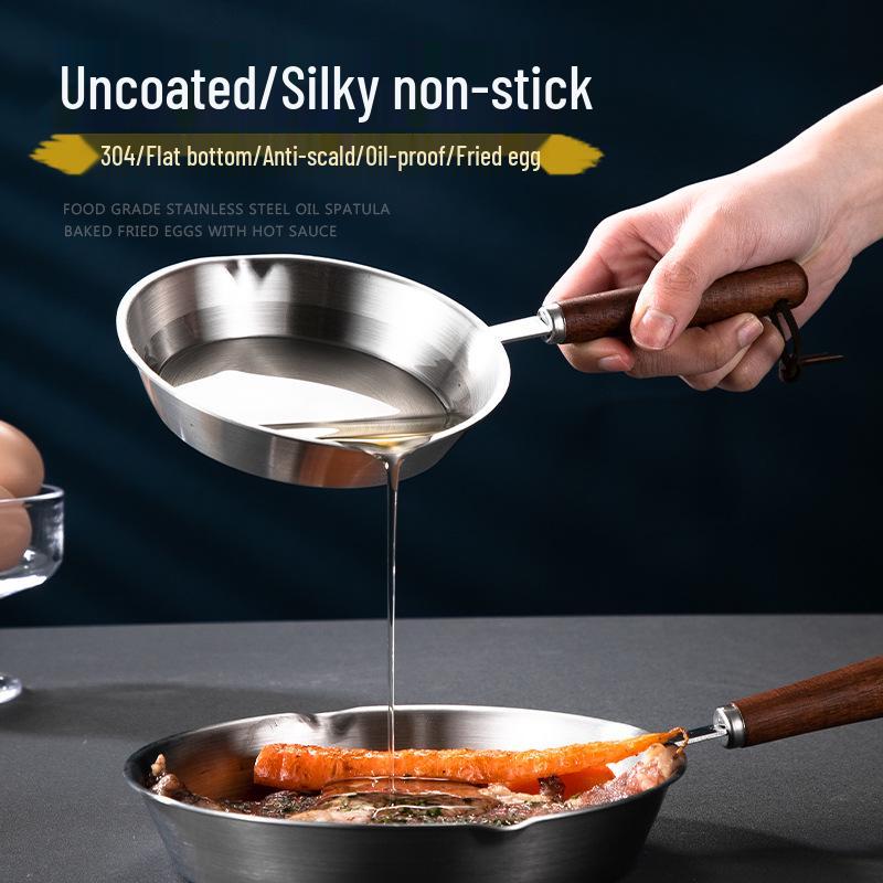 Mini Patelnia ze stali nierdzewnej 304 z płaskim dnem, drewnianą rączką i osłoną przeciw pryskaniu, niepowlekana patelnia do omletów