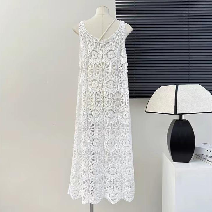 DIMANAF 2025 New Dress Women Knitting Lace Long Hollow Out Sexy Vest O-Neck Hollow Summer Style Tops Tees Loose Basic