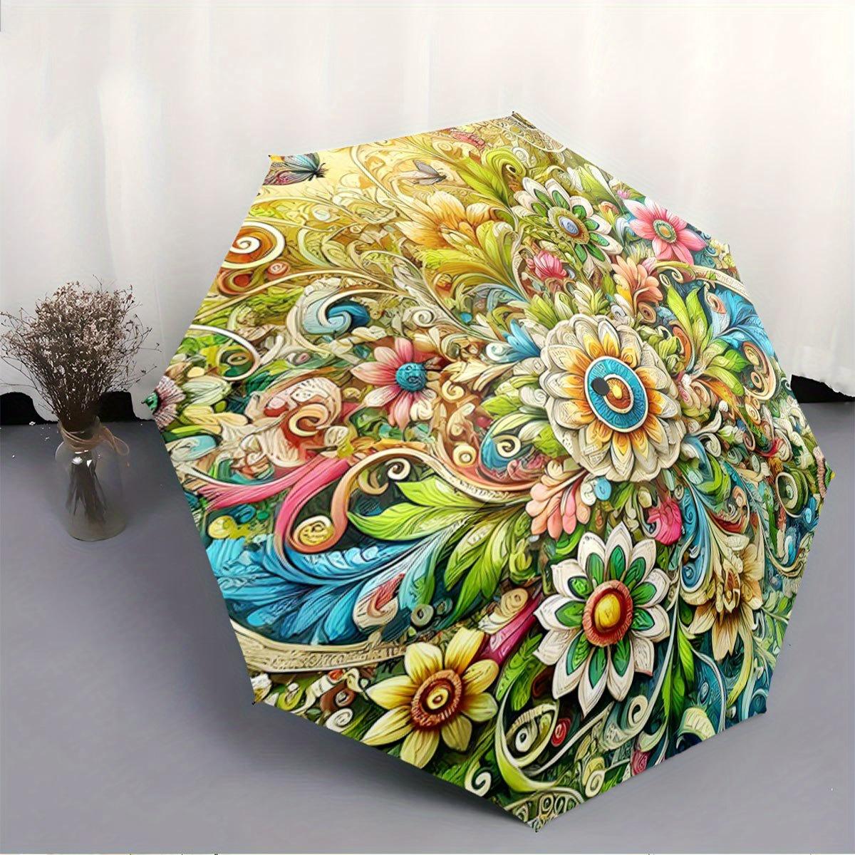 

Automatic Folding Umbrella Colorful floral and paisley pattern. Portable collapsible design, casual outdoor accessory, for all Iron&8K