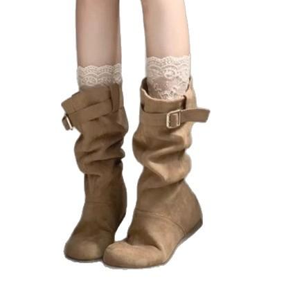 Boots beauty pile thick-soled medium tube women's belt buckle new versatile inner heightening locomotive boots rad pleated cloth