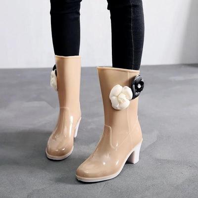 Women's Large Size High Heel Rain Boots Ladies Camellia Adult Rain Shoes Solid Color Non-Slip PVC Water Boots