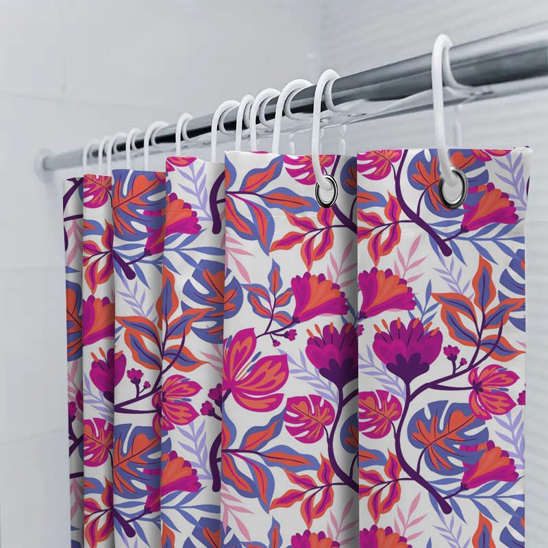 Vibrant Floral Shower Curtain Set Pink Blue Leaves Design For Bathroom Decor Polyester Waterproof Fabric Modern Home Decor Item