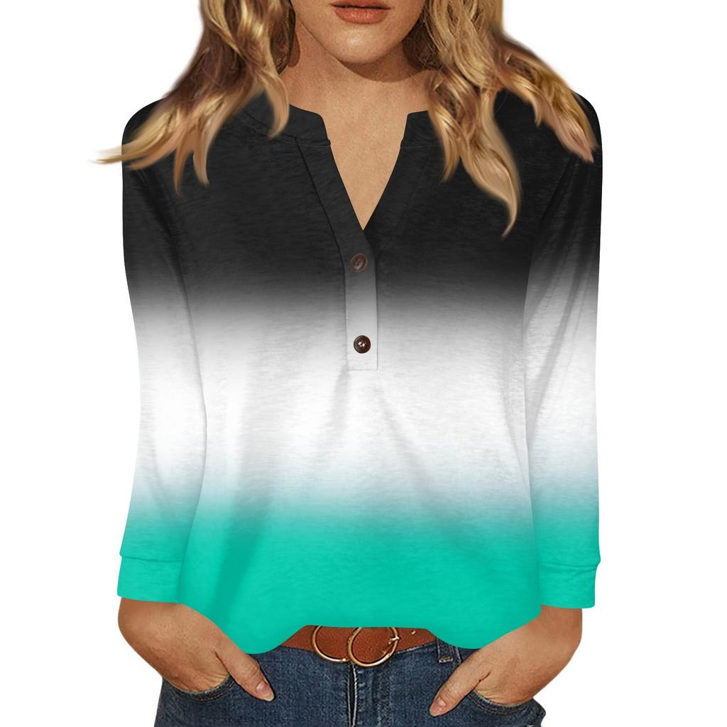 Dámské tričko s potiskem, knoflíky, dlouhý rukáv, denní, víkendová móda, základní, výstřih do V, běžný top