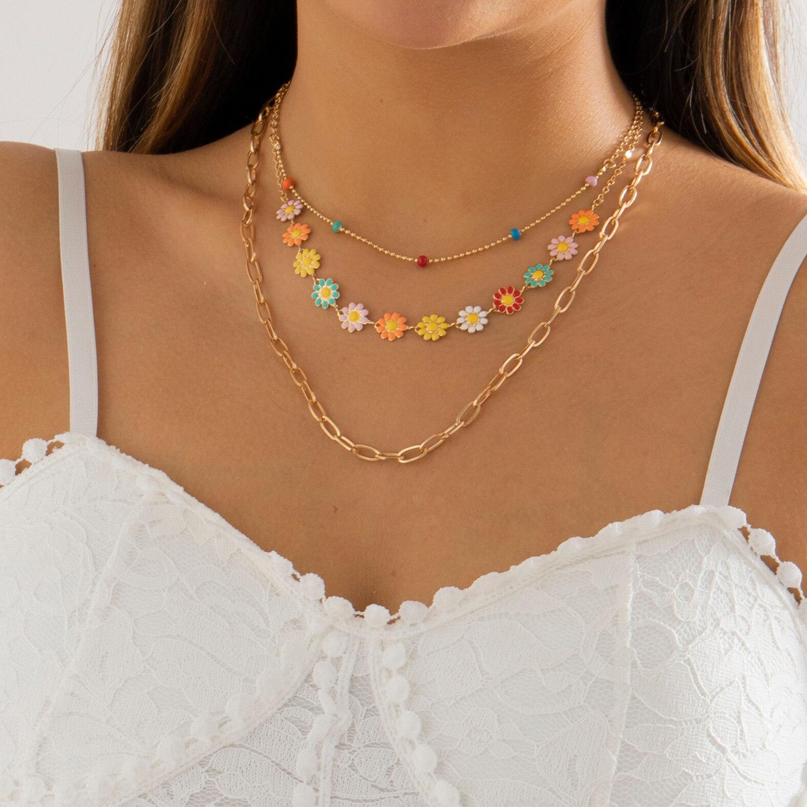 

3Pcs/Set Kpop Sweet Colorful Flower Daisy Clavicle Chain Necklace Women Wed Bridal Elegant Sunflower Beads Choker Neck Jewelry