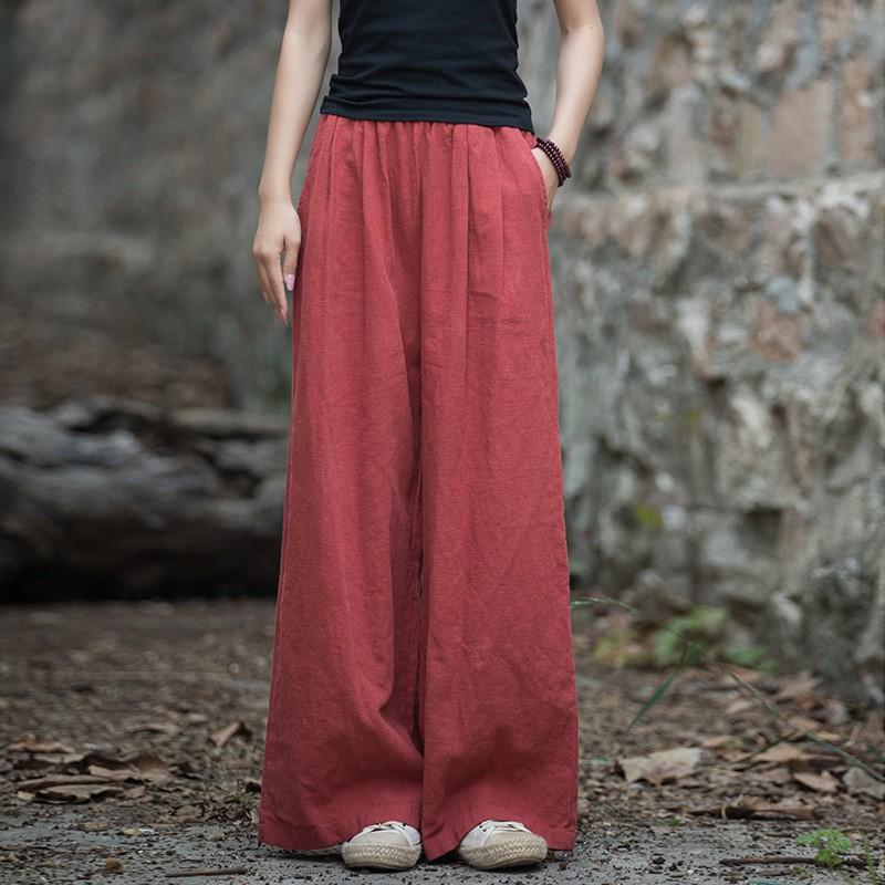 Womens Linen Cotton Blend Wide Leg Pants Vintage Washed Relaxed Fit Casual Trousers
