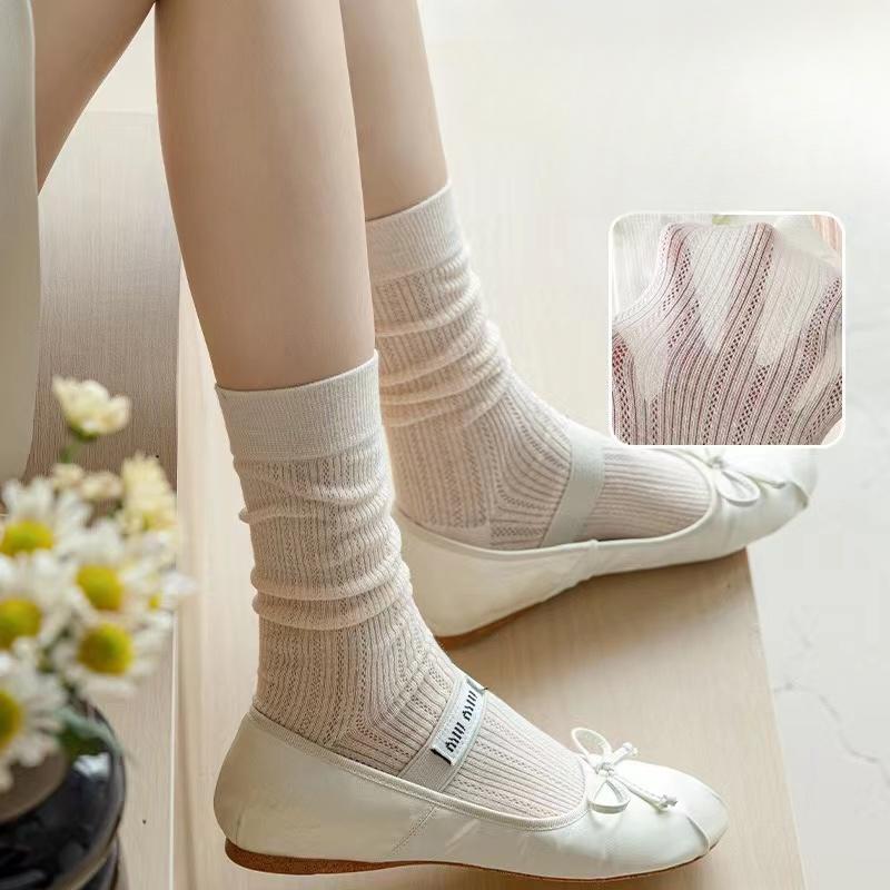 5 Pairs Women Solid Color Small Leg Socks Fashionable Sweet Style Summer Thin Mesh Hollow Breathable Casual Stacked Socks