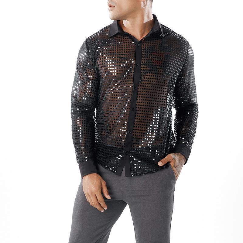 Summer Men's Long-sleeved Performance Clothes Striped Shirts Buttons And Sequins Shiny Shirts For Disco Parties Nightclubs