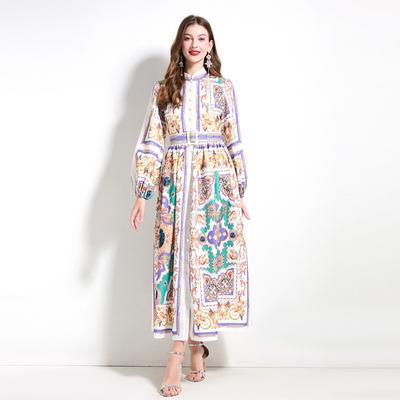 Spring Autumn Women Lantern Sleeve Print Single Breasted Long Maxi Big Swing Holiday Beach Dresses with Belt