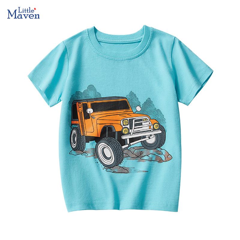 Little maven 2026 Summer New Tops Children's Clothing Cartoon Truck Vehicle Kids Clothes Baby Boys Short Sleeve T Shirts