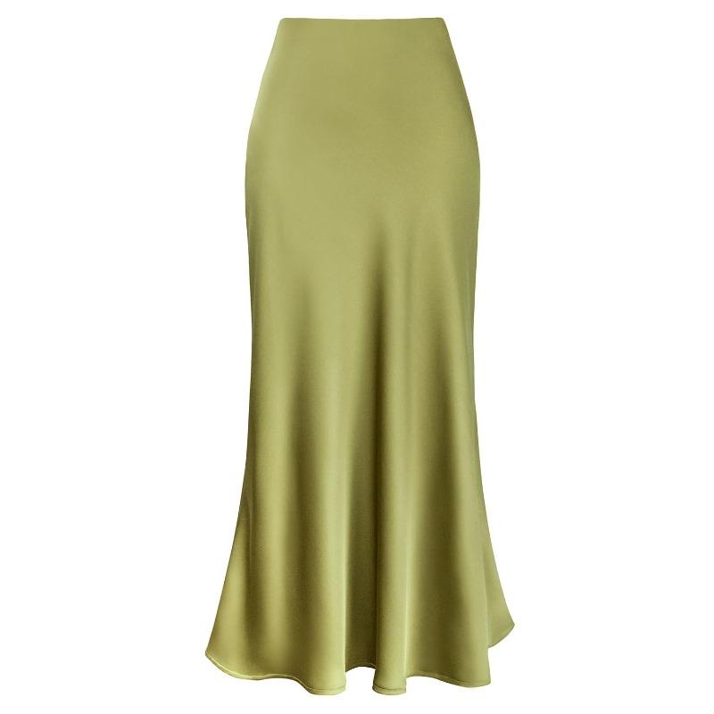 Spring and Autumn Women's Elegant Rayon Satin Skirt, High Waist, Fishtail Skirt, Solid Glossy A-line Office Skirt