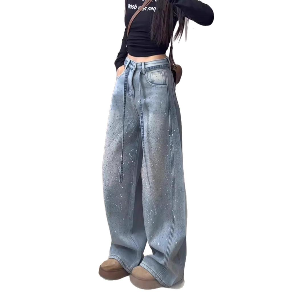 Women's High-Waist Light Blue Rhinestone Wide-Leg Jeans for Spring/Autumn 2026