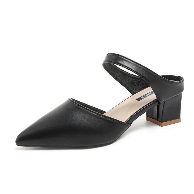 

Wearing cool slippers outside, women s summer new baotou half slippers, medium heel pointed thick heel sandals 35 чёрный
