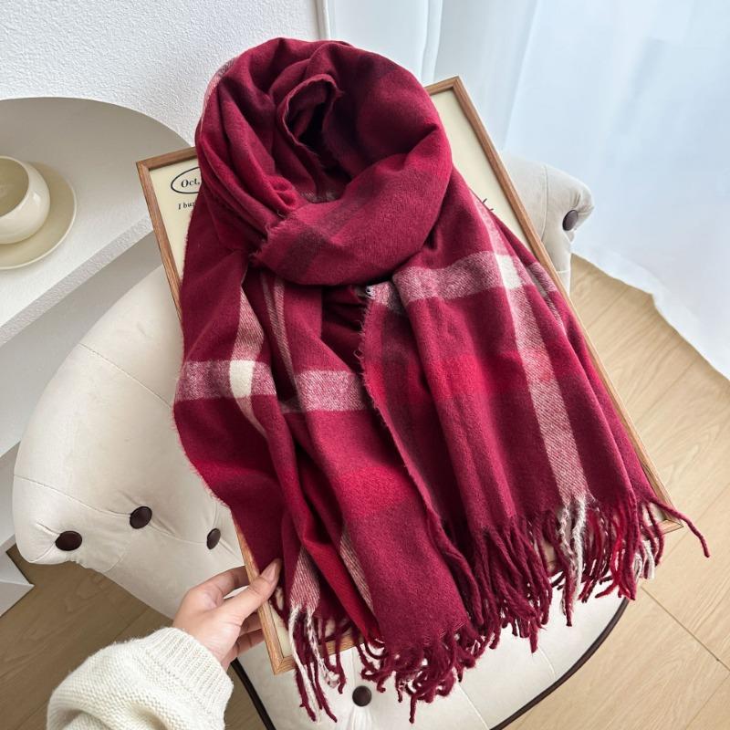 Thickened plaid scarf autumn and winter imitation cashmere women's scarf warm color matching striped tassel send girlfriend shawl
