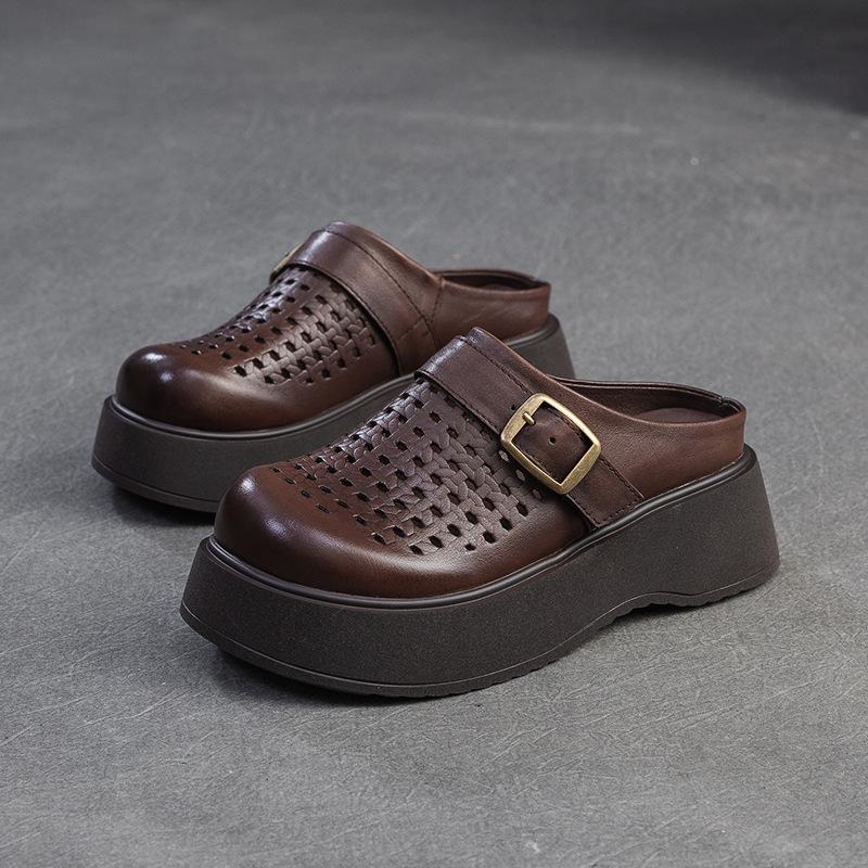 Johnature Sandales pour femmes, semelles épaisses, bout rond, ajourées, respirantes, en cuir véritable