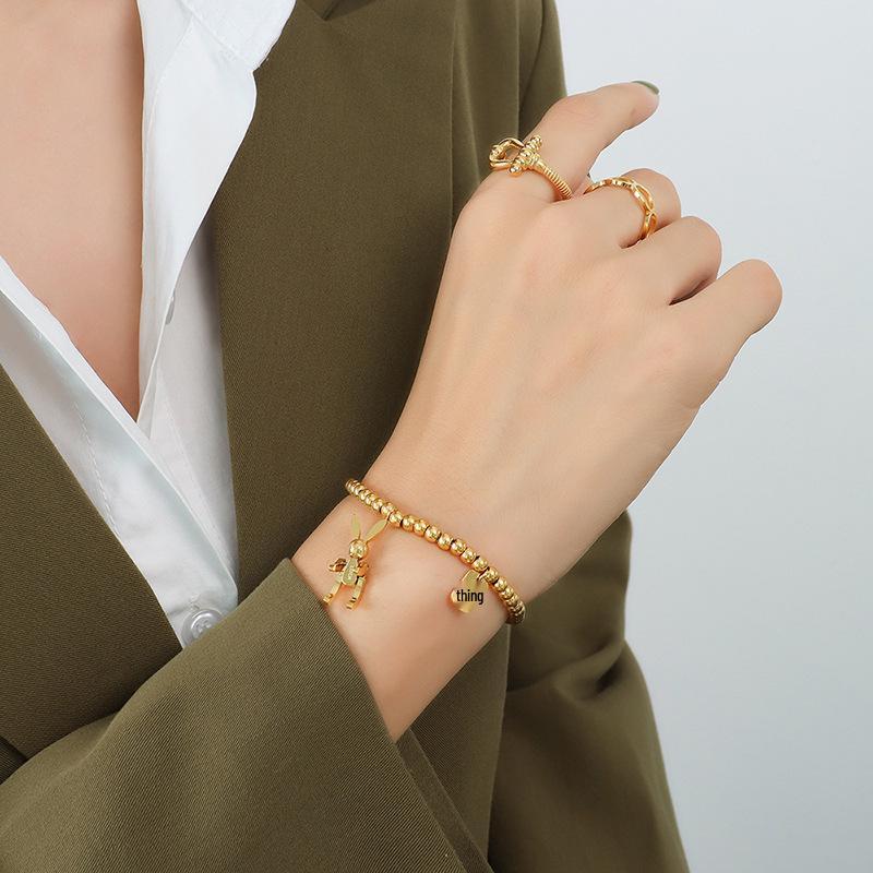 18k Gold-Plated Steel Bead Bullet Elastic Bracelet - European Hip Hop Style Design