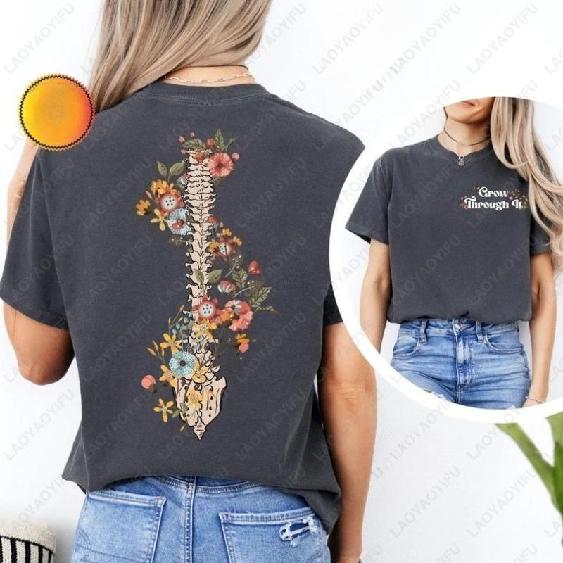 

Grow Through It Tshirt Motivational Positive Saying Tee Mental Health Flower Skeleton Floral Spine Men Women Cotton Fashion Tops S