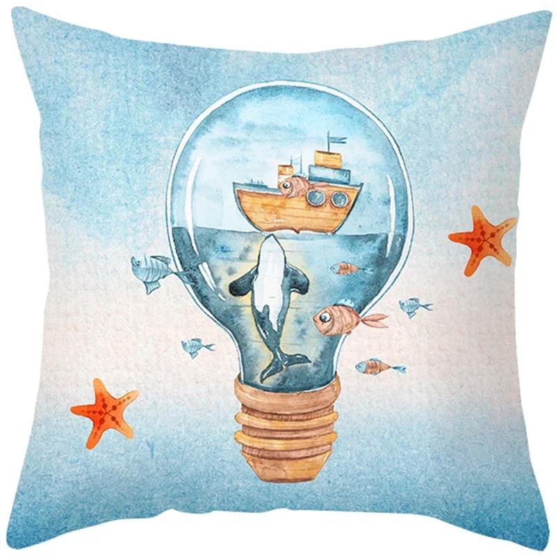 Blue Ocean Pattern Throw Pillow Cover With Short Plush Print Living Room Sofa Decoration Cushion Cover Pillow Covers Decorative